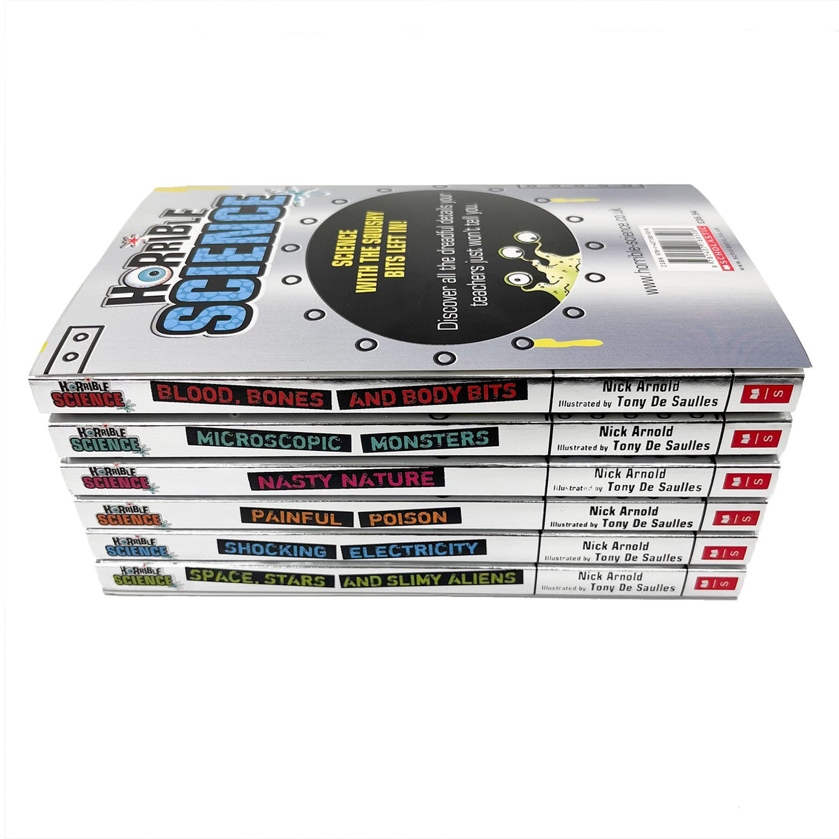 Horrible Science Collection 6 Books Set by Nick Arnold (Blood Bones and Body Bits, Microscopic Monsters, Nasty Nature, Painful Poison, Shocking Electricity, Space Stars and Slimy Aliens)