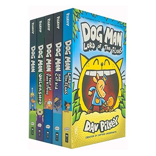 [h] Dog Man Series 1-5 Books Collection Set By Dav Pilkey (Dog Man, Unleashed, A Tale of Two Kitties, Dog Man and Cat Kid, Lord of the Fleas)