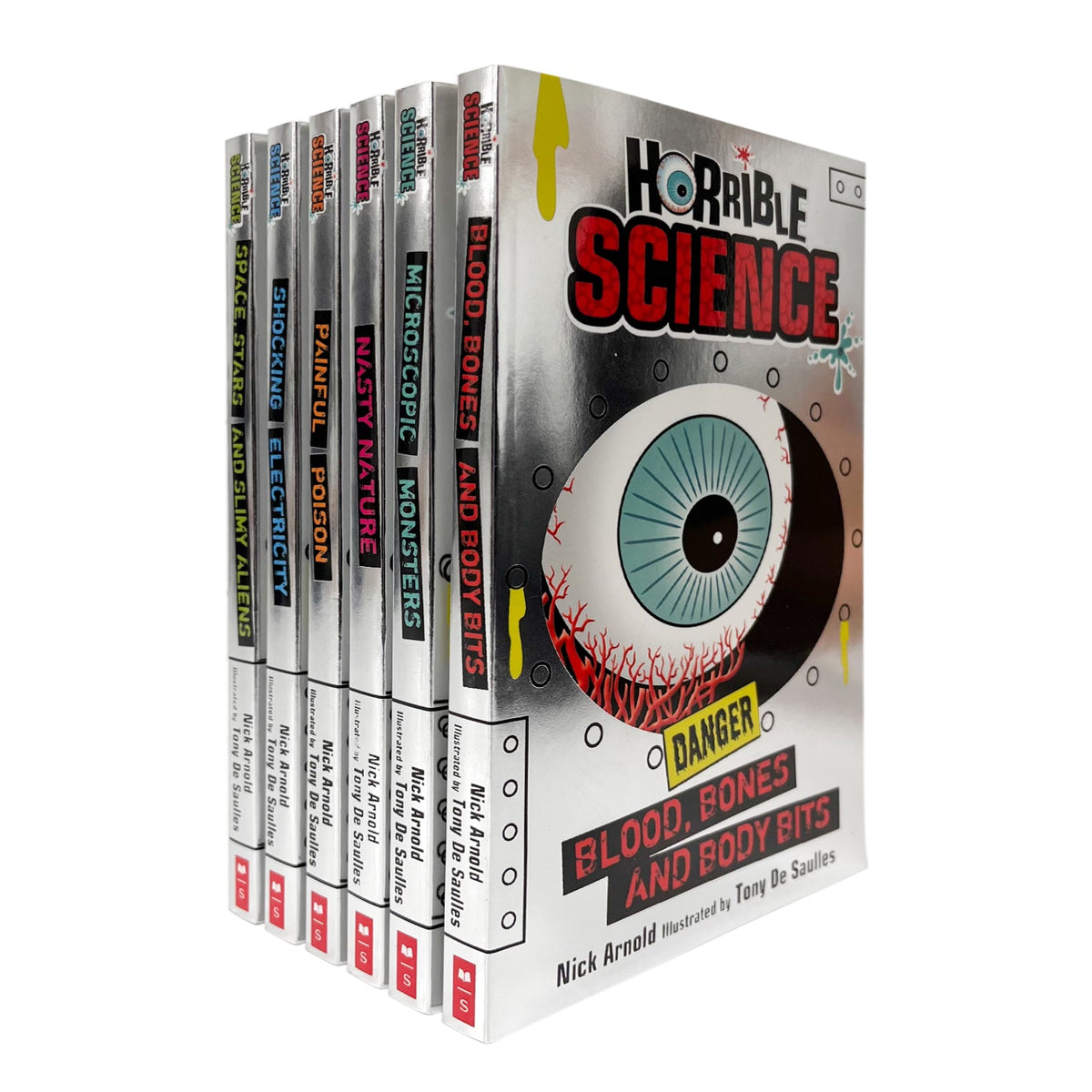Horrible Science Collection 6 Books Set by Nick Arnold (Blood Bones and Body Bits, Microscopic Monsters, Nasty Nature, Painful Poison, Shocking Electricity, Space Stars and Slimy Aliens)