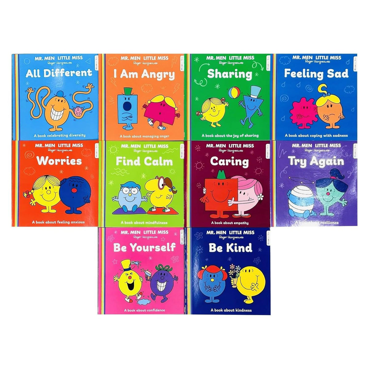 Mr Men and Little Miss Discover You 10 Books Collection Set By Roger Hargreaves (All Different, I Am Angry, Sharing, Feeling Sad, Worries, Find Calm, Caring, Try Again, Be Yourself and Be Kind)