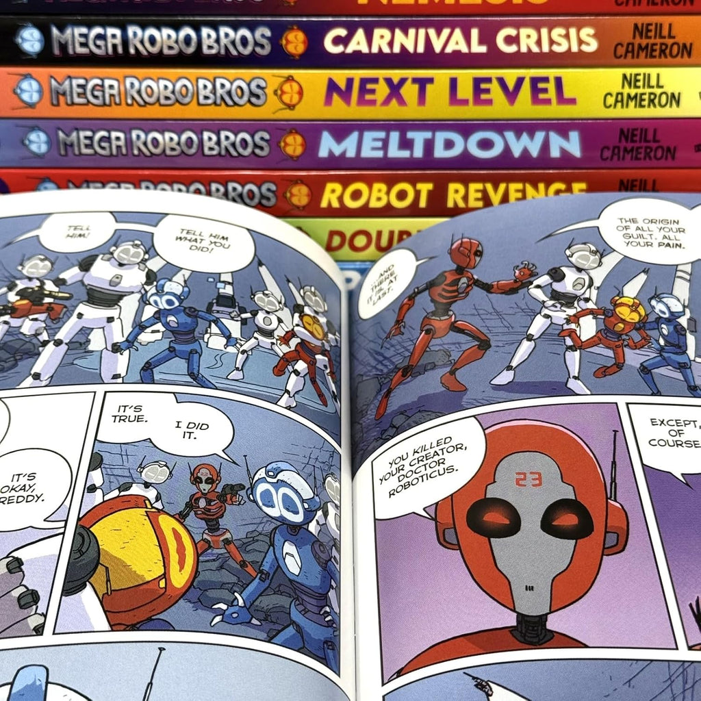 Mega Robo Bros Series Volume 1-8 Books Collection Set By Neil Cameron(Meltdown, Power Up, Double Threat, Carnival Crisis, Next Level, Robot Revenge, Nemesis & Final Form)