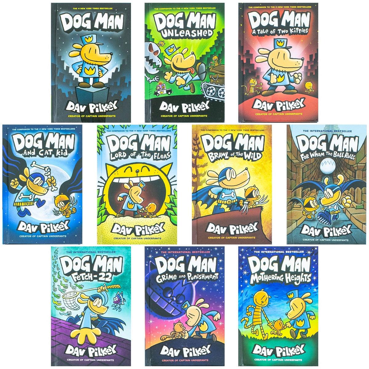 [h] Dog Man Series 10 Books Collection Set by Dav Pilkey | Graphic Novel Adventures for Kids - Mothering Heights, Grime and Punishment, Fetch-22, For Whom the Ball Rolls, Brawl of The Wild