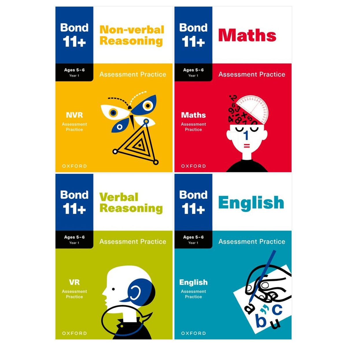 Bond 11+ Maths English Verbal Non-Verbal Reasoning Assessment Practice 5-6 years 4 Books Set (Bond Assessment Papers)