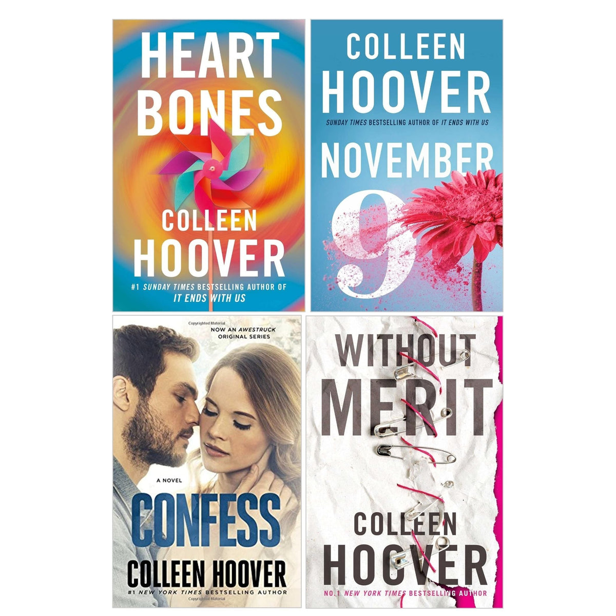 Colleen Hoover Collection 4 Books Set (Heart Bones, November 9, Without Merit, Confess)