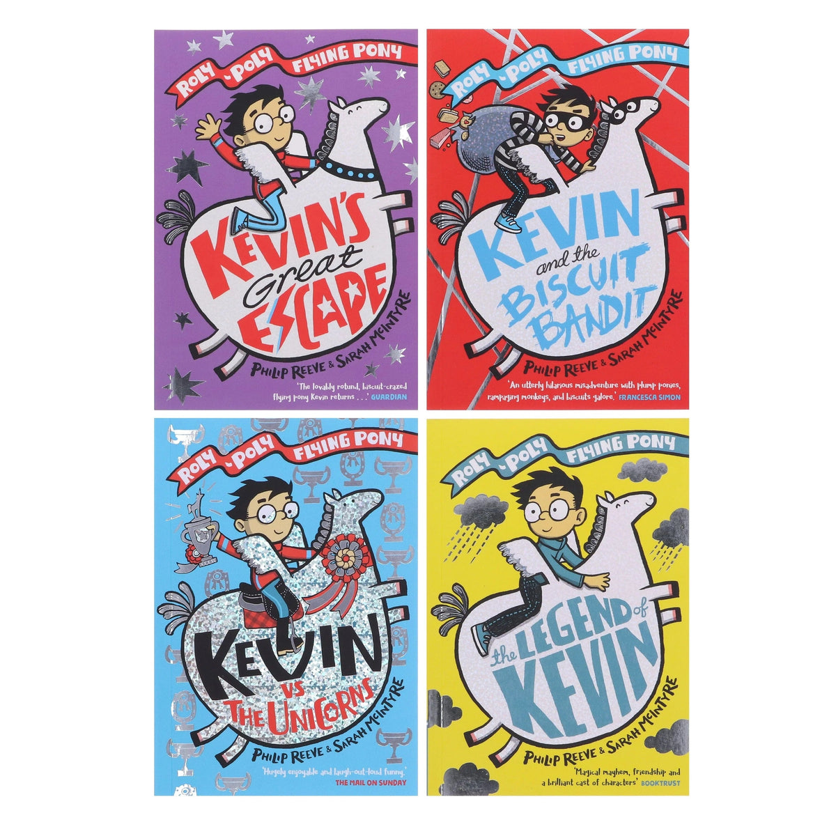 A Roly-Poly Flying Pony Adventure 4 Books Set by Philip Reeve (The Legend of Kevin, Kevin and the Biscuit Bandit,Kevin vs the Unicorns &amp;amp; Kevin&amp;#39;s Great Escape)