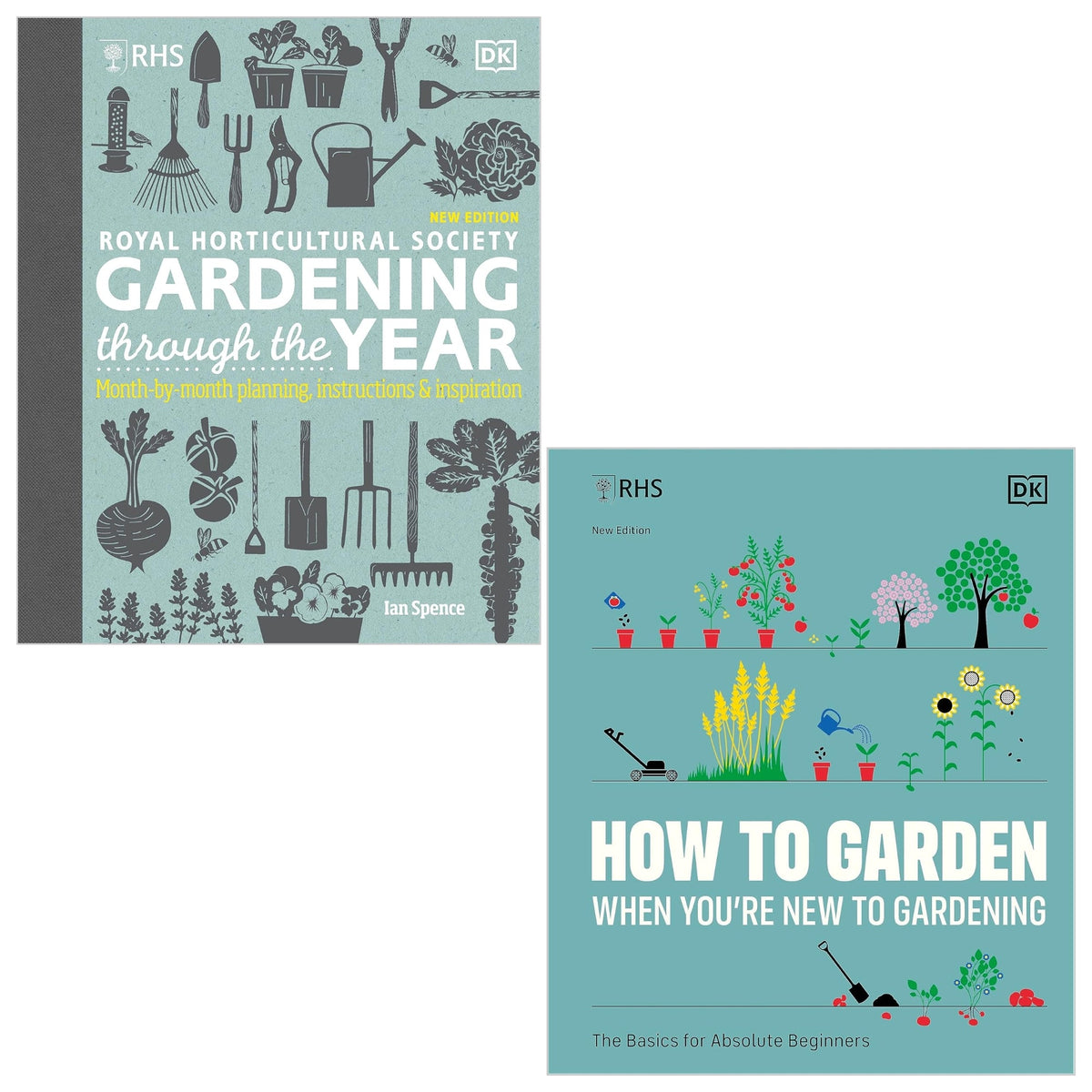 RHS How To Garden When You're New To Gardening By The Royal Horticultural Society & RHS Gardening Through the Year By Ian Spence 2 Books Collection Set