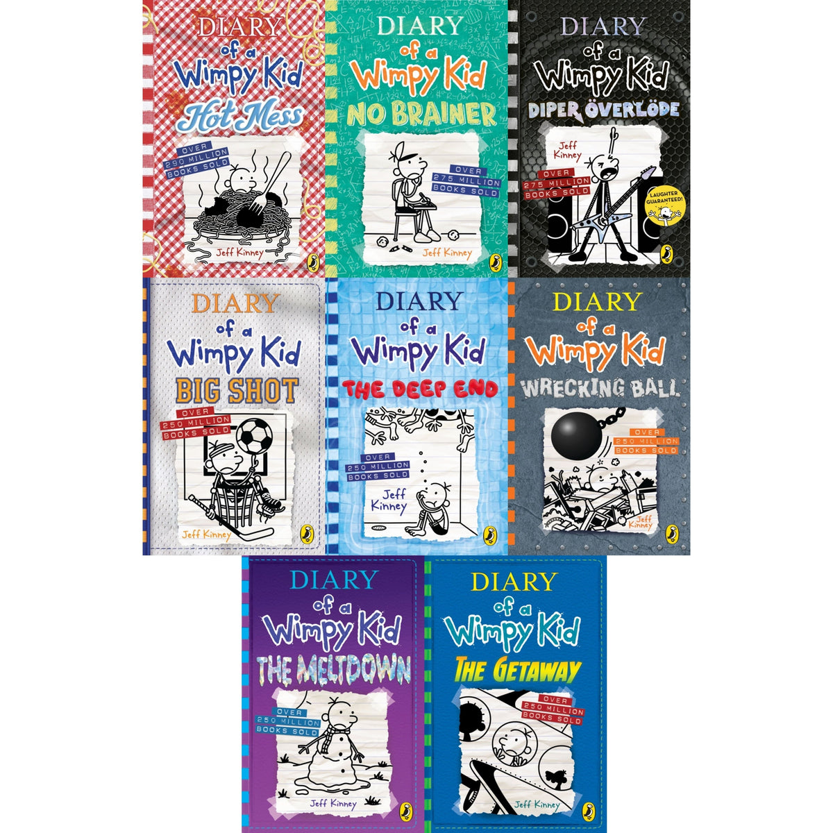 Diary Of A Wimpy Kid 8 Books Collection Set by Jeff Kinney Hot Mess, No Brainer, Big Shot, The Deep End