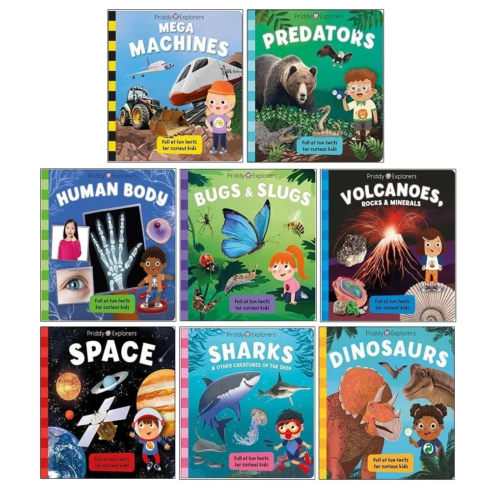 Priddy Explorers Series 8 Books Collection Set by Priddy Books, Roger Priddy (Space, Sharks, Dinosaurs, Human Body, Bugs and Slugs, Volcanoes Rocks and Minerals, Mega Machines, Predators)