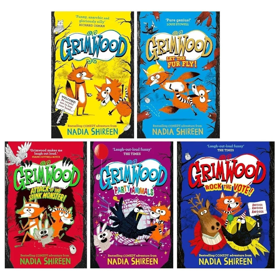 Grimwood Series by Nadia Shireen 5 Books Collection Set(Grimwood, Let the Fur Fly!, Attack of the Stink Monster, Party Animals & Rock the Vote! (Hardback))